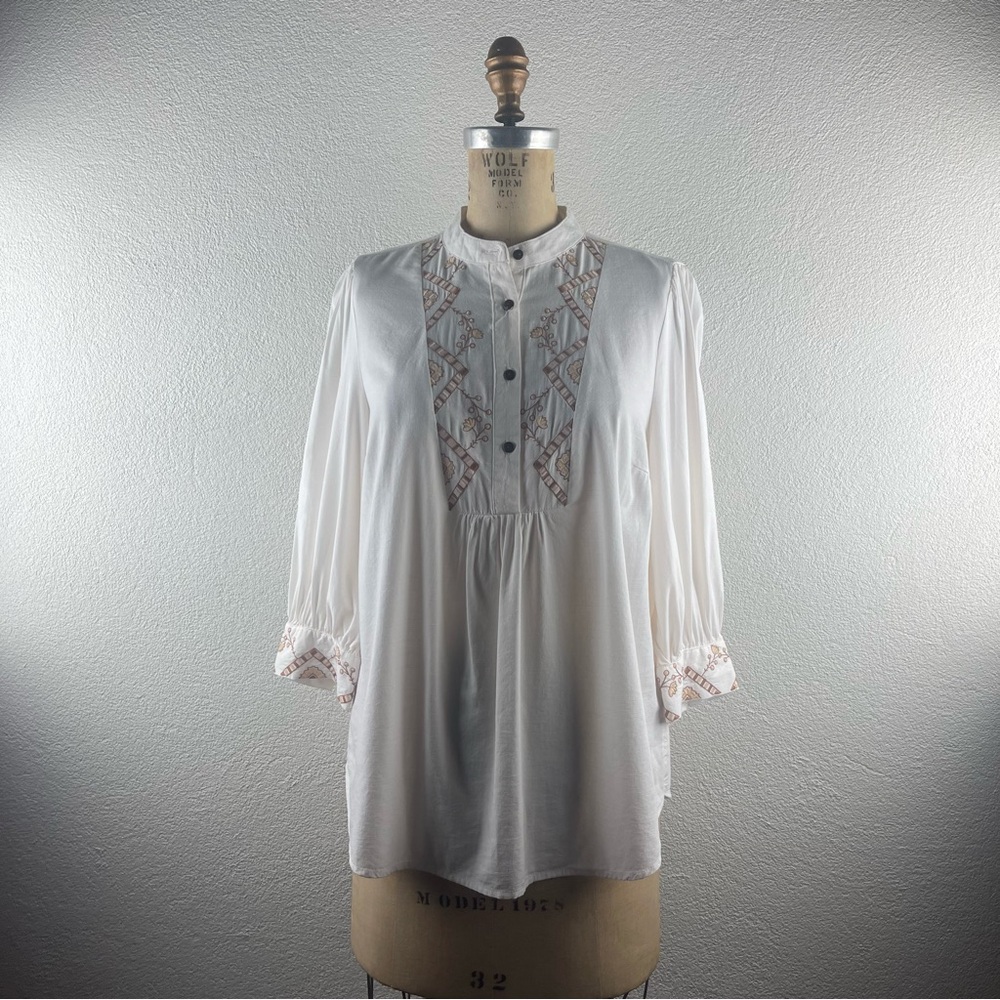 Knox Rose l XS Ivory Boho Floral Embroidered Henley 3/4 Bishop Sleeve Top Blouse